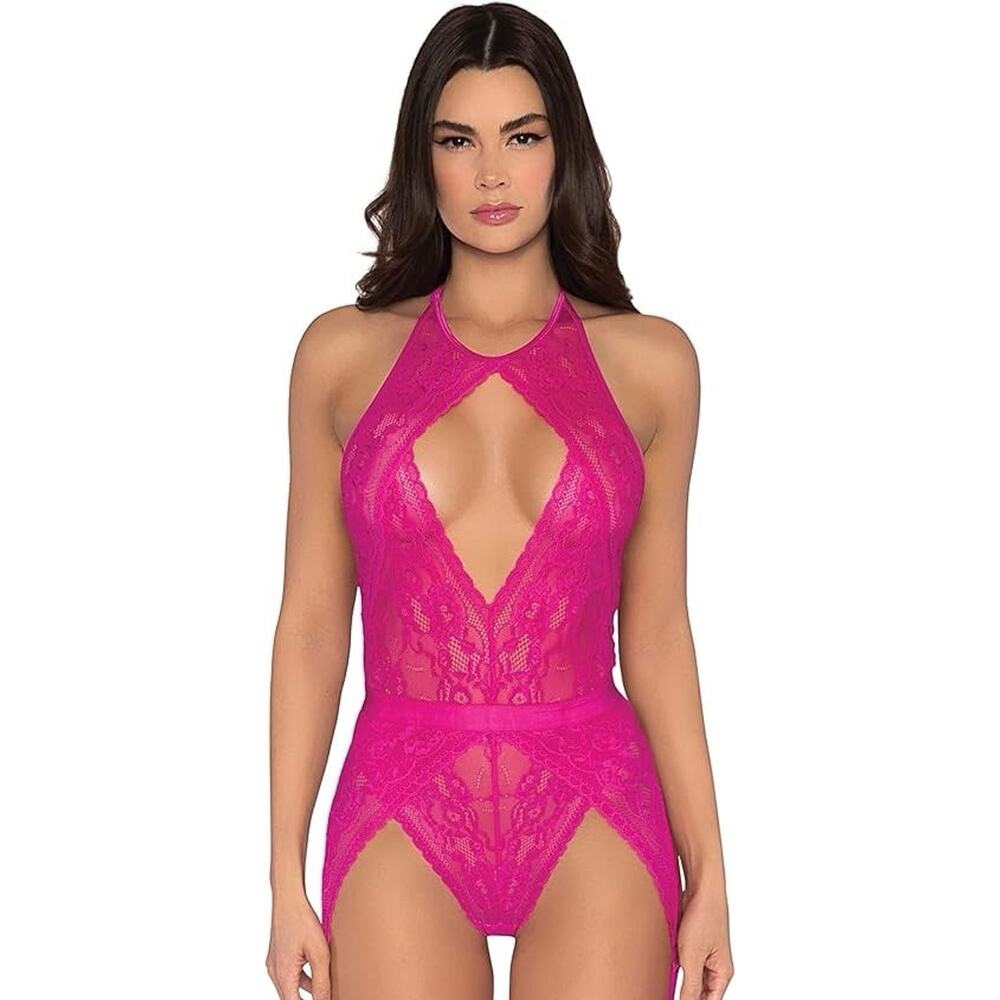 New NWT Dreamgirl Stretch Lace Garter Teddy Halter Neck Small Pink lingerie - Picture 2 of 10